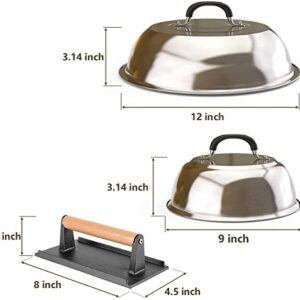 Cellay Griddle Accessories - 12 & 9 Inch Round Basting Cover Cheese Melting Dome Steaming Cover with 8 Inch Cast Iron Burger Bacon Press for Griddle Grill Cooking Indoor or Outdoor - 3 Pack