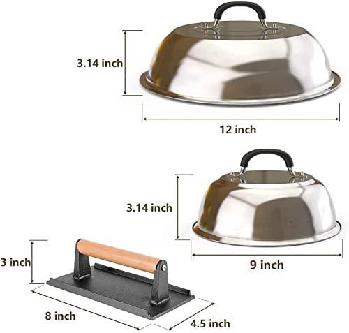 Cellay Griddle Accessories - 12 & 9 Inch Round Basting Cover Cheese Melting Dome Steaming Cover with 8 Inch Cast Iron Burger Bacon Press for Griddle Grill Cooking Indoor or Outdoor - 3 Pack