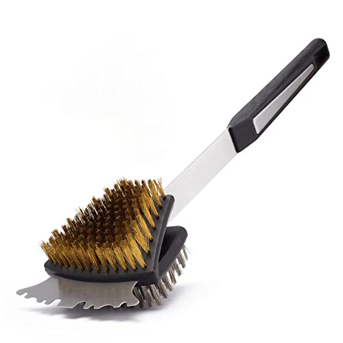 Double Sided Grill Cleaning Brush and Scraper, 16.5" BBQ Brush, Barbecue Cleaner with Stainless & Brass Bristles, Grilling Grate Cleaner, Safe Grill Accessories for Cast Iron/Stainless Steel Grate