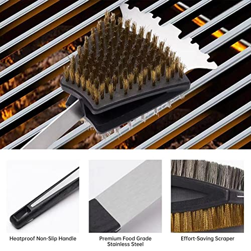 Double Sided Grill Cleaning Brush and Scraper, 16.5" BBQ Brush, Barbecue Cleaner with Stainless & Brass Bristles, Grilling Grate Cleaner, Safe Grill Accessories for Cast Iron/Stainless Steel Grate