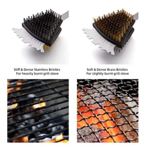 Double Sided Grill Cleaning Brush and Scraper, 16.5" BBQ Brush, Barbecue Cleaner with Stainless & Brass Bristles, Grilling Grate Cleaner, Safe Grill Accessories for Cast Iron/Stainless Steel Grate