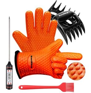 eastking bbq gloves/bbq claws/meat thermometer and silicone brush superior value premium set (4pcs set) – heat resistant/non-slip/safe/cooking/grilling silicone gloves for indoor & outdoor (orange)