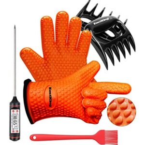 Eastking BBQ Gloves/BBQ Claws/Meat Thermometer and Silicone Brush Superior Value Premium Set (4pcs Set) - Heat Resistant/Non-Slip/Safe/Cooking/Grilling Silicone Gloves for Indoor & Outdoor (Orange)