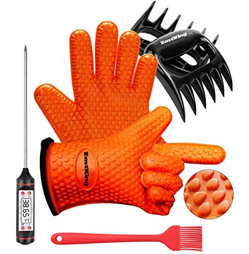 Eastking BBQ Gloves/BBQ Claws/Meat Thermometer and Silicone Brush Superior Value Premium Set (4pcs Set) - Heat Resistant/Non-Slip/Safe/Cooking/Grilling Silicone Gloves for Indoor & Outdoor (Orange)