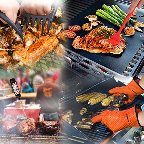 Eastking BBQ Gloves/BBQ Claws/Meat Thermometer and Silicone Brush Superior Value Premium Set (4pcs Set) - Heat Resistant/Non-Slip/Safe/Cooking/Grilling Silicone Gloves for Indoor & Outdoor (Orange)