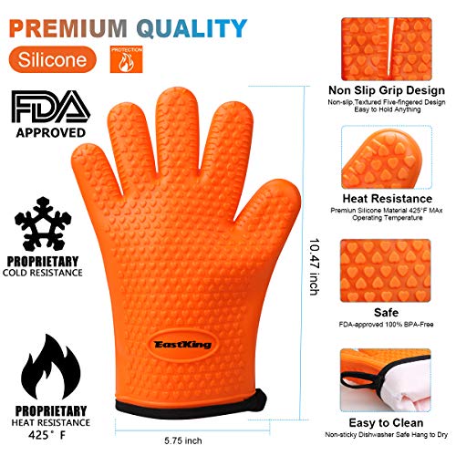 Eastking BBQ Gloves/BBQ Claws/Meat Thermometer and Silicone Brush Superior Value Premium Set (4pcs Set) - Heat Resistant/Non-Slip/Safe/Cooking/Grilling Silicone Gloves for Indoor & Outdoor (Orange)