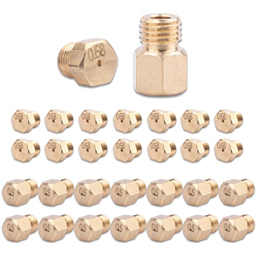 Brass Jet Nozzles 30 Packs - DIY Burner Parts with M6 x 0.75mm and M5 x 0.5mm Thread, 0.5mm and 0.68mm Nozzle Hole, Range, Stove, Oven Conversion Kit for Propane LPG Natural Gas Pipe Water Heater 