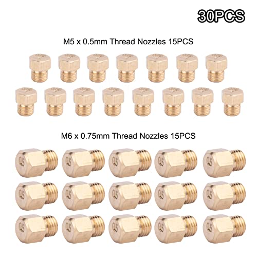 Brass Jet Nozzles 30 Packs - DIY Burner Parts with M6 x 0.75mm and M5 x 0.5mm Thread, 0.5mm and 0.68mm Nozzle Hole, Range, Stove, Oven Conversion Kit for Propane LPG Natural Gas Pipe Water Heater 