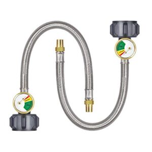 Generep RV PropaneTank Hose with Gauge, 2PCS 15 Inch Upgraded 1/4inch NPT RV Propane Pigtail Hose，Durable Stainless Braided, 2-Pack