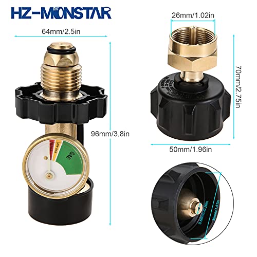 HZ-MONSTAR POL Propane Tank Adapter with Gauge Converts POL LP Tank Service Valve to QCC1/ Type1, Propane Refill Adapter Fits QCC1/ Type1 Propane Tank/ 1 lb Cylinder for RV Camper BBQ Gas Grill Heater