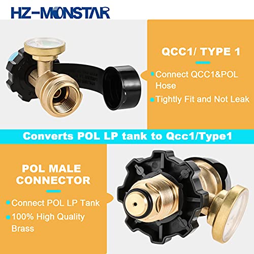 HZ-MONSTAR POL Propane Tank Adapter with Gauge Converts POL LP Tank Service Valve to QCC1/ Type1, Propane Refill Adapter Fits QCC1/ Type1 Propane Tank/ 1 lb Cylinder for RV Camper BBQ Gas Grill Heater