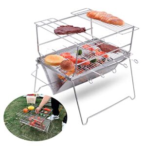 camping grill charcoal grill folding bbq grill stainless steel with 5 kabob skewers for picnic, camping and backyard barbecue cp047