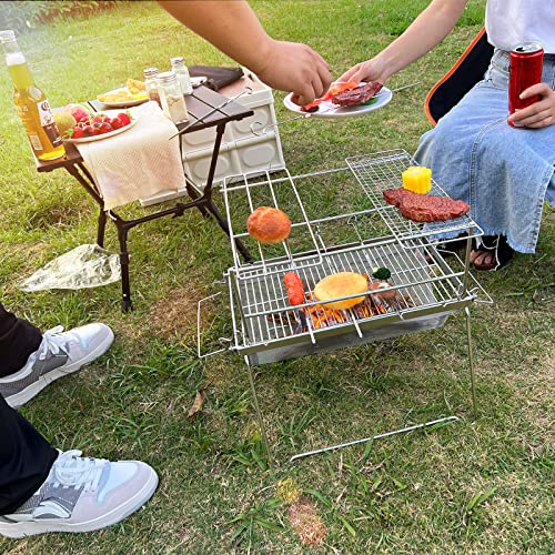 Camping Grill Charcoal Grill Folding BBQ Grill Stainless Steel with 5 Kabob Skewers for Picnic, Camping and Backyard Barbecue CP047