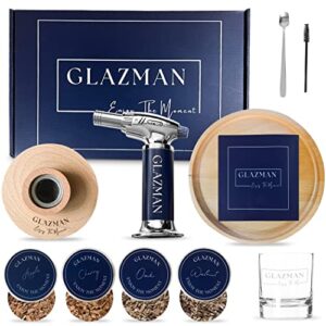 glazman cocktail smoker kit with torch and 4 flavors of wood chips- luxury whiskey gifts for men- whiskey smoker infuser kit includes wooden plate & engraved