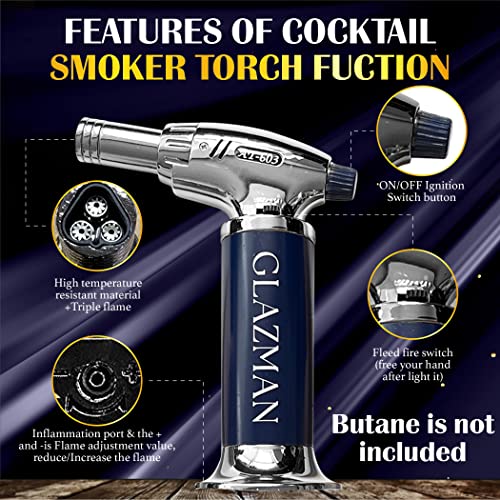GLAZMAN Cocktail Smoker Kit with Torch and 4 Flavors of Wood Chips- Luxury Whiskey Gifts for Men- Whiskey Smoker Infuser Kit Includes Wooden Plate & Engraved