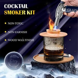 GLAZMAN Cocktail Smoker Kit with Torch and 4 Flavors of Wood Chips- Luxury Whiskey Gifts for Men- Whiskey Smoker Infuser Kit Includes Wooden Plate & Engraved