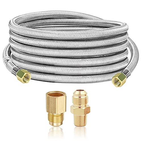 MOFLAME 16 Feet Braided Stainless Propane Hose with Both 3/8 Inch Female Flare Ends, Brass Tube Fitting, Coupling for RV, Gas Grill, Turkey Cooker, Propane Fire Pit, Patio Heater ,Smoker and More