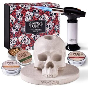 whiskey smoker kit for your home bar – all in one cocktail smoker kit with torch – bourbon smoker kit – smoky crafts drink smoker infuser kit comes with skull-shaped smoke infuser, 3x wood chips and torch (without butane)