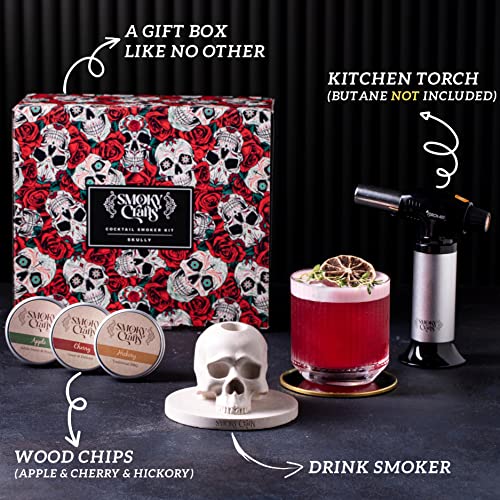 Whiskey Smoker Kit for Your Home Bar - All in One Cocktail Smoker Kit with Torch - Bourbon Smoker Kit - Smoky Crafts Drink Smoker Infuser Kit comes with Skull-Shaped Smoke Infuser, 3x Wood Chips and Torch (Without Butane)