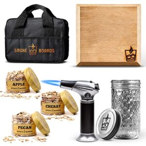 smoke board’s old fashioned cocktail smoker kit with torch – whiskey/bourbon drink infuser with three wood chips, smoker kit includes, mixing glass, smoke board, and torch lighter, usa based company