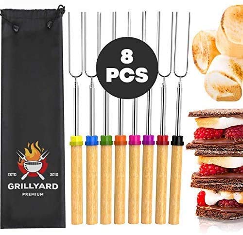 Marshmallow Sticks – 8 pcs Roasting Sticks for BBQ, Campfire, Fire Pits, Camping – Durable Stainless Steel Smores Sticks with Wooden Handles – Practical and Easy to Use