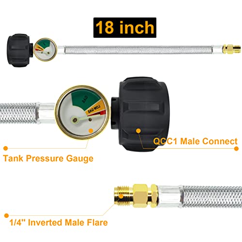 NQN 2 Packs RV Propane Hoses with Gauge,18 Inch Stainless Steel Braided Camper Tank Hose,Rv lp Gas Hoses Connector for Standard Two-Stage Regulator, 40Lb 250PSI,1/4" inverted male flare /QCC1 Fitting