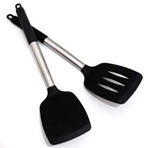 silicone spatula heat resistant silicone handle 2-piece set black slotted turner flexible silicone spatula nonstick turner set for fried egg, barbecue, hamburg