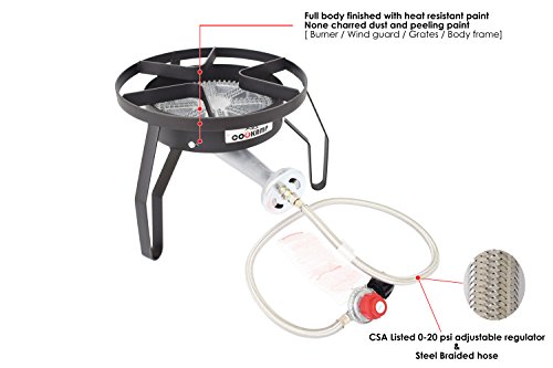 COOKAMP High Pressure Banjo Single Burner Outdoor Propane Burner Gas Stove with 0-20 PSI Adjustable Regulator and Steel Braided Hose SA1150