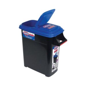 kingsford charcoal storage container – charcoal bin holds up to 22 lb capacity, stackable black bin, heavy duty grip handle, blue flip lid, for charcoal pellets, wood pellets, smoker pellets