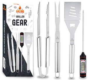 grill accessories, 4 piece bbq tool grill set – grill tools includes stainless steel metal spatula, fork, tongs and instant read meat bbq thermometer, great for gifts – by bbq pro club