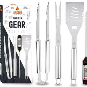 Grill Accessories, 4 piece BBQ Tool Grill Set - Grill Tools Includes Stainless Steel Metal Spatula, Fork, Tongs and Instant Read Meat BBQ Thermometer, Great For Gifts - By BBQ Pro Club