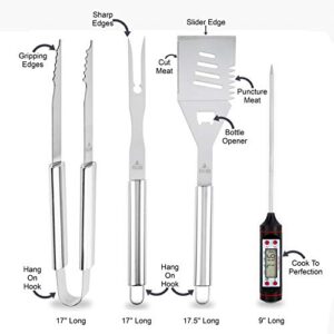 Grill Accessories, 4 piece BBQ Tool Grill Set - Grill Tools Includes Stainless Steel Metal Spatula, Fork, Tongs and Instant Read Meat BBQ Thermometer, Great For Gifts - By BBQ Pro Club