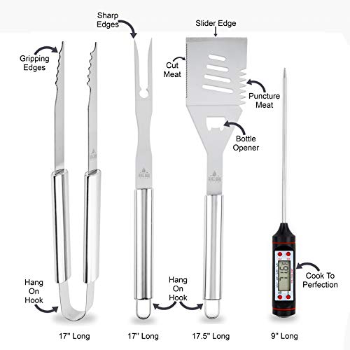 Grill Accessories, 4 piece BBQ Tool Grill Set - Grill Tools Includes Stainless Steel Metal Spatula, Fork, Tongs and Instant Read Meat BBQ Thermometer, Great For Gifts - By BBQ Pro Club