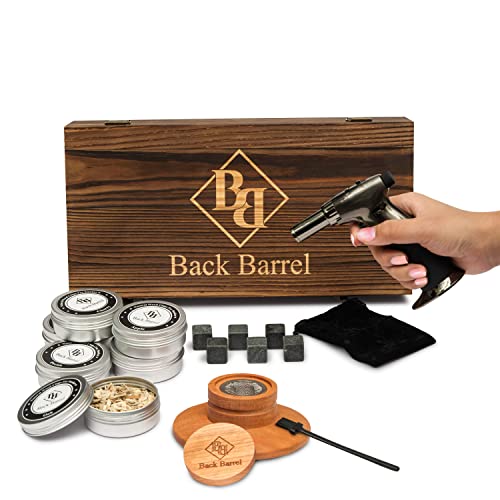 Back Barrel Smoked Cocktail Kit - Premium Whiskey Smoker Kit with Smoker, Smoking Torch, Natural Wood Chips, Whiskey Stones, Recipe eBook - Bourbon Smoker Kit, Smoked Old Fashioned Kit (No Butane)