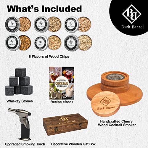 Back Barrel Smoked Cocktail Kit - Premium Whiskey Smoker Kit with Smoker, Smoking Torch, Natural Wood Chips, Whiskey Stones, Recipe eBook - Bourbon Smoker Kit, Smoked Old Fashioned Kit (No Butane)