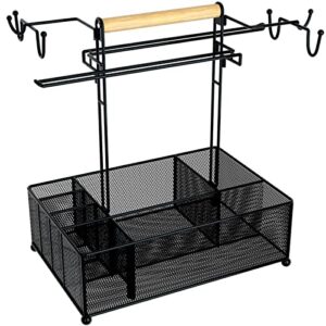 grill caddy for camping accessories, picnic condiment caddy, bbq caddy mesh basket with 2 paper towel holders & 6 hanging hooks, kitchen storage organizer for camping, picnic, buffet, grill, part