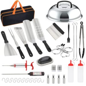 griddle accessories kit, 39 pcs flat top grill accessories for blackstone and camp chef, professional grill bbq spatula set with basting cover, scraper, thermometer, egg ring, gifts for men