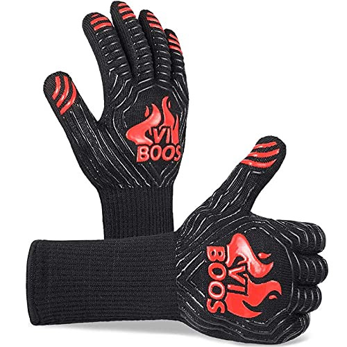 BBQ Grill Gloves, 1472℉ Extreme Heat Resistant Grilling Gloves for Cooking,Baking and for Smoker, Silicone Insulated Cooking Oven Mitts, 13 Inch Long Non-Slip Potholder Gloves,1 Pair (Black & Red)