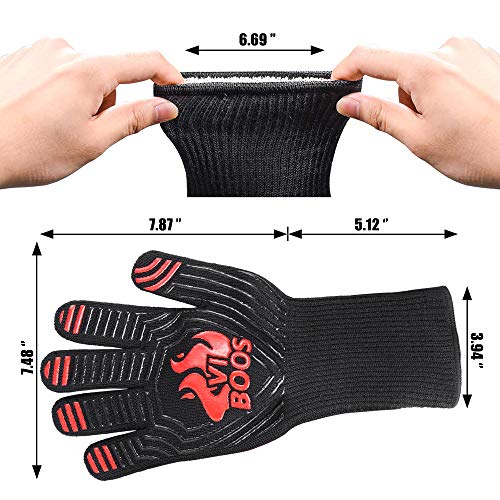 BBQ Grill Gloves, 1472℉ Extreme Heat Resistant Grilling Gloves for Cooking,Baking and for Smoker, Silicone Insulated Cooking Oven Mitts, 13 Inch Long Non-Slip Potholder Gloves,1 Pair (Black & Red)