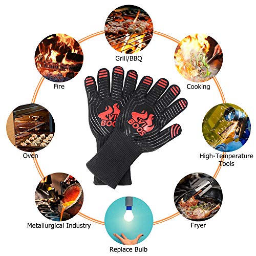 BBQ Grill Gloves, 1472℉ Extreme Heat Resistant Grilling Gloves for Cooking,Baking and for Smoker, Silicone Insulated Cooking Oven Mitts, 13 Inch Long Non-Slip Potholder Gloves,1 Pair (Black & Red)