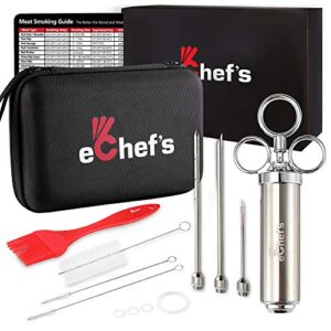 echef’s meat injector – 304 stainless steel, meat injector syringe with case, 2-oz large meat injectors for smoking, 3 marinade injector needles for bbq grill, magnetic meat smoking guide