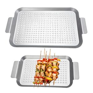 grill basket set of 2 – nonstick grilling tray durable grill pans with holes for outdoor grill small and big topper baskets bbq accessories for vegetable, fish, meat, seafood 11″x7″ & 14″x10″