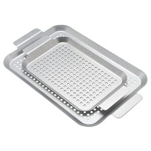 Grill Basket Set of 2 - Nonstick Grilling Tray Durable Grill Pans with Holes for Outdoor Grill Small and Big Topper Baskets BBQ accessories for Vegetable, Fish, Meat, Seafood 11"x7" & 14"x10"