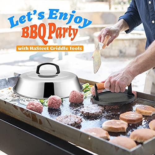 HaSteeL 12In Cheese Melting Dome & 7In Cast Iron Grill Press, Stainless Steel Basting Cover with Heavy Duty Burger Bacon Press, Griddle Accessories for Teppanyaki Flat Top Stovetop Indoor & Outdoor