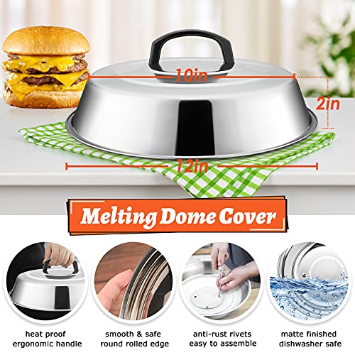 HaSteeL 12In Cheese Melting Dome & 7In Cast Iron Grill Press, Stainless Steel Basting Cover with Heavy Duty Burger Bacon Press, Griddle Accessories for Teppanyaki Flat Top Stovetop Indoor & Outdoor