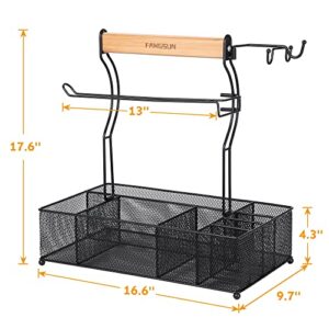 FANGSUN Large Grill Utensil Caddy, Picnic Condiment Caddy, BBQ Organizer for Outdoor Grilling, Camping Caddy with Paper Towel Holder for Plate Cutlery, Grill Accessories Storage for Tailgating, Black