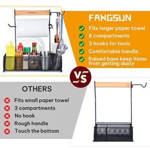 FANGSUN Large Grill Utensil Caddy, Picnic Condiment Caddy, BBQ Organizer for Outdoor Grilling, Camping Caddy with Paper Towel Holder for Plate Cutlery, Grill Accessories Storage for Tailgating, Black