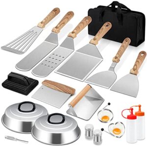 joyfair 19pcs griddle accessories kit, flat top grill bbq turners with melting domes, for outdoor camping teppanyaki, include basting cover, burger press, stainless steel spatulas, scarpers, carry bag