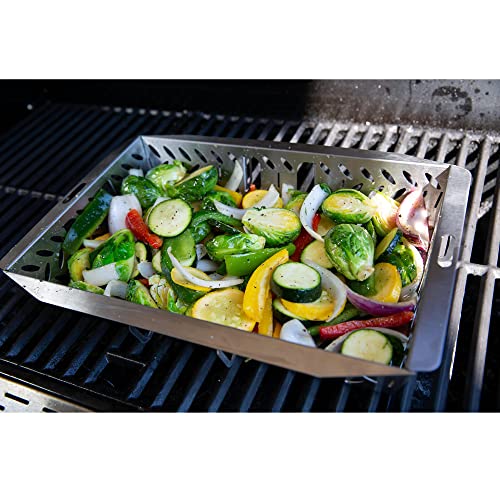 Proud Grill UltraVersatile Stainless Steel Grill Basket - Large BBQ Grill Basket for Grilling Vegetables, has a detachable handle and movable dividers. Perfect Grill Accessory for grilling veggies, fish and meat on outdoor grill.