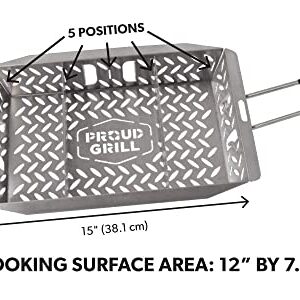 Proud Grill UltraVersatile Stainless Steel Grill Basket - Large BBQ Grill Basket for Grilling Vegetables, has a detachable handle and movable dividers. Perfect Grill Accessory for grilling veggies, fish and meat on outdoor grill.